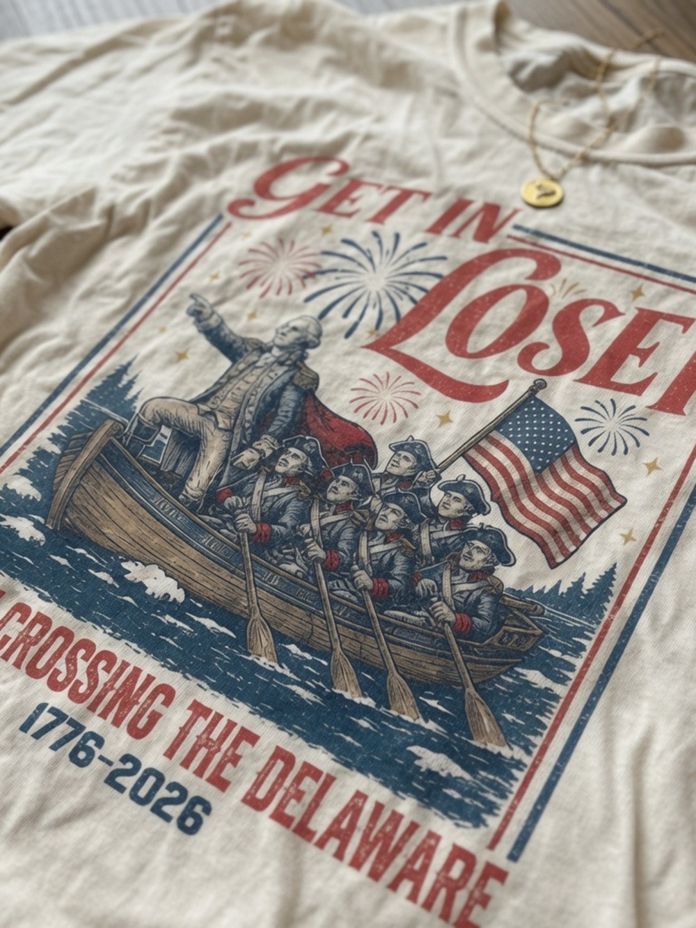 Get In Loser We're Crossing The Delaware Meme Funny 4th Of July Shirt - Picture 2 of 2